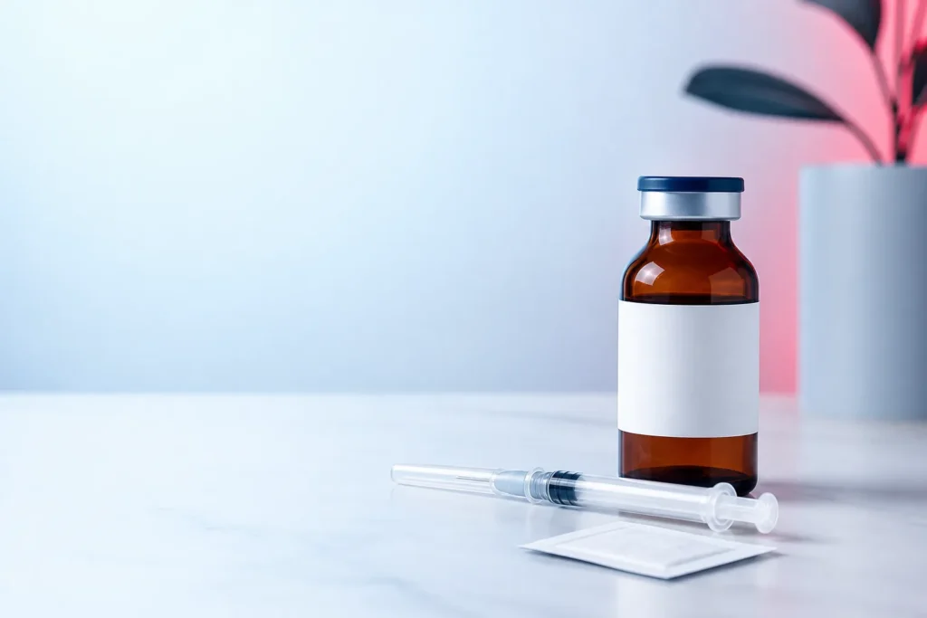Unbranded amber wellness vial and safely capped syringe on a clean clinical surface