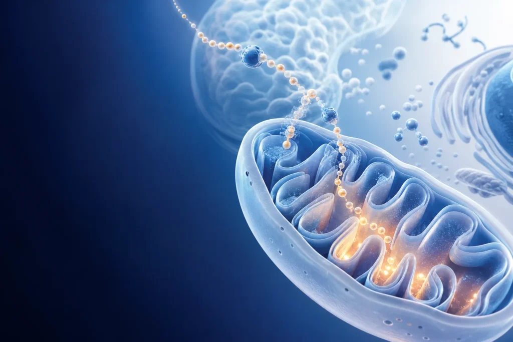 Scientific illustration representing mitochondrial cellular energy metabolism